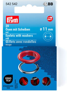 Prym Nähfrei-Ösen mit Scheiben, Größe: 11 mm Ø, Farbe: rot, Inhalt: 20 Stück