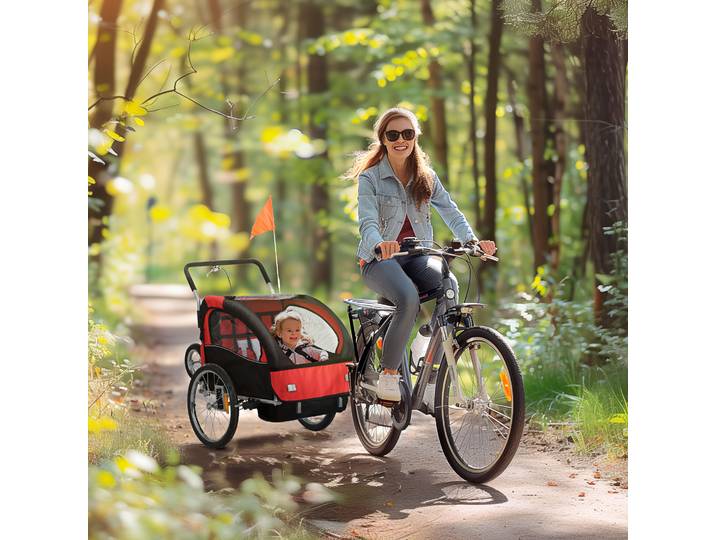 HOMCOM Remorque Vélo Enfant 2 en 1 Rouge avec Ceinture 5 Points