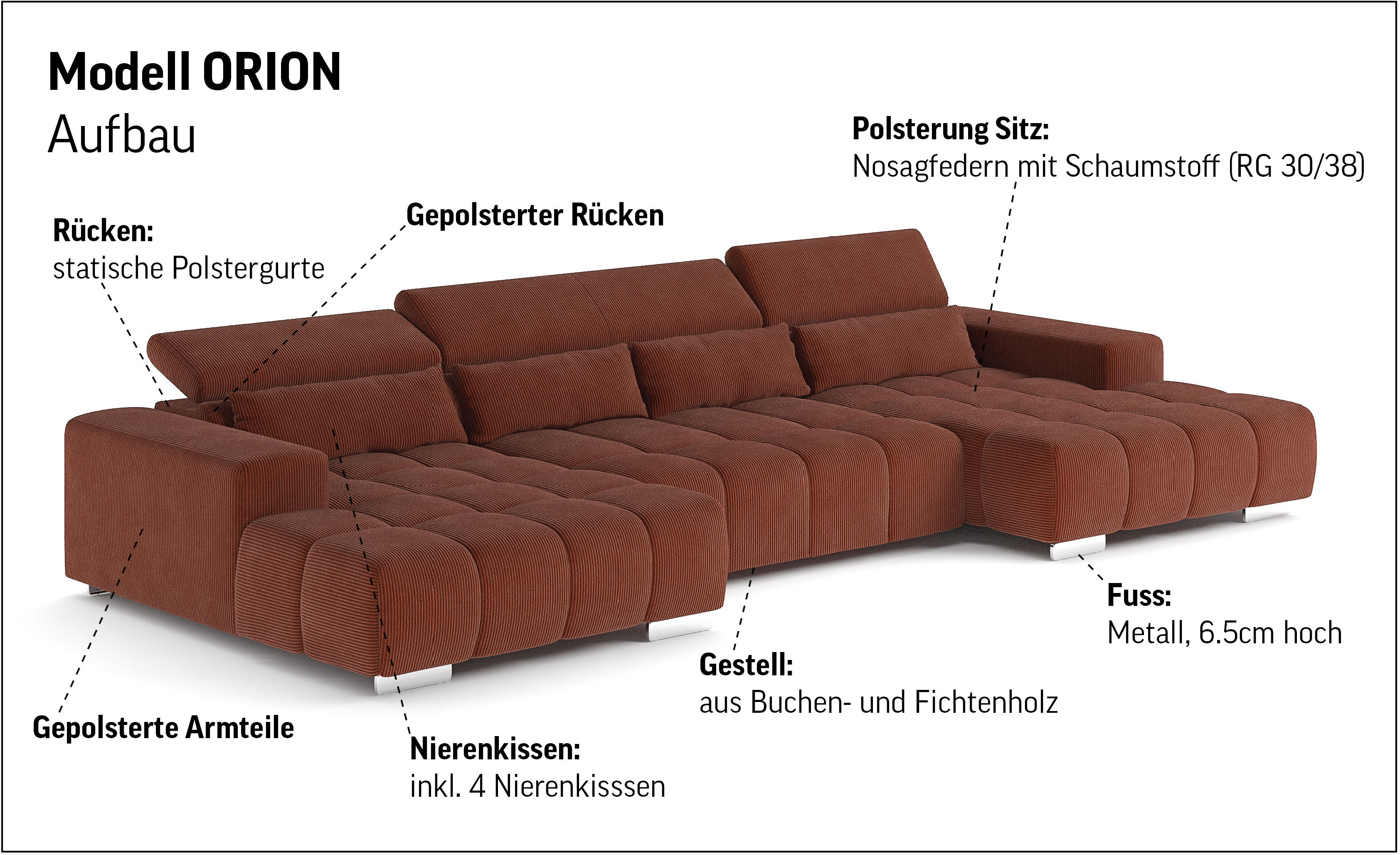 Wohnlandschaft COTTA "Orion U-Form, B: 400 cm", nature, B:400cm T:186cm, 96% POLYESTER (PES) 4% POLYAMID (PA), Sofas, Wohnlandschaft, Kopfteilverstellung & 4 Kissen, optional elektr. Sitztiefenverstellung nature B/H/T: 400cm x 186cm, Chenille-Struktur, gl