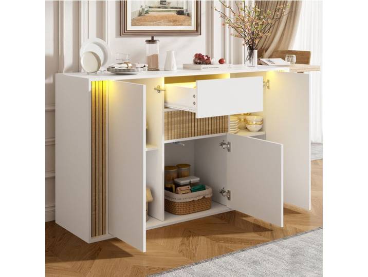 Buffet bas blanc aspect bois 3 portes 1 tiroir LED réglable 140x40x82 cm panneaux de particules JOINERY