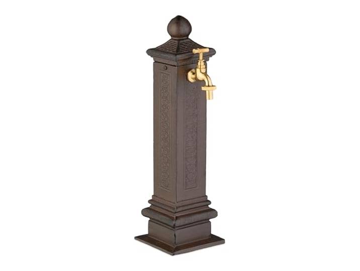 Relaxdays waterzuil antiek, met kraan, HBD: 47x14x18,5 cm, buitenkraan tuin, staand, tuindecoratie, bruin