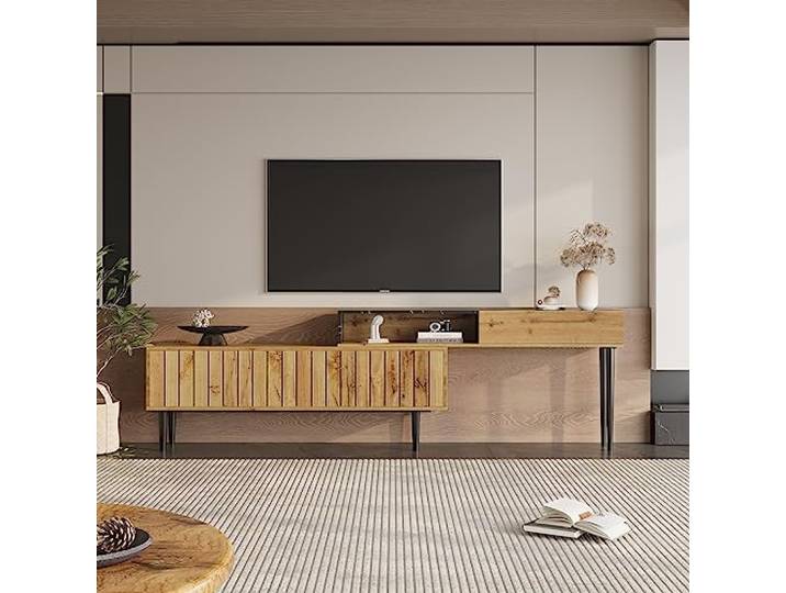 Merax TV-Ständer mit Marmor- und Holzmaserungsdesign, Eisenbeinen, dunkle Holzfarbe, 180x36.5x58 cm