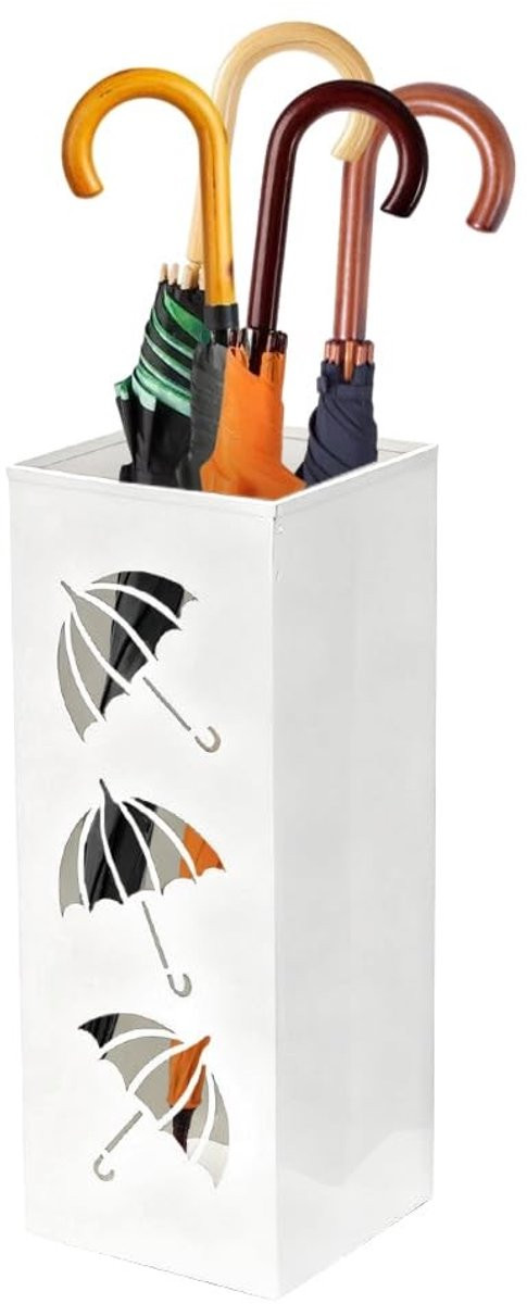 Dailygoods Paraplustandaard - Vierkante metalen parapluhouder voor paraplu's en wandelstokken - Wit