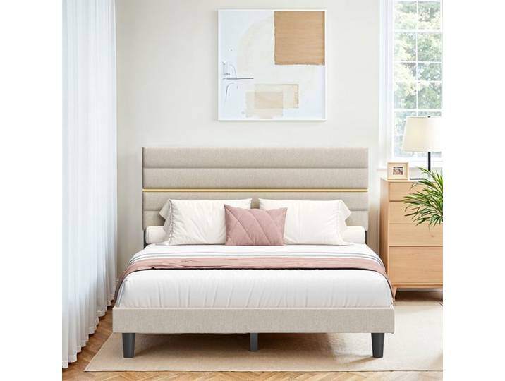 Lit complet Lit Double Convient pour Un Matelas de 140 x 190 cm Tête de Lit Rembourrée Ajustable Moderne Beige