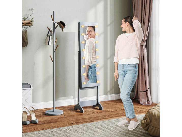 HOMCOM Armoire à Bijoux sur Pied avec LED Miroir Intégral Gris