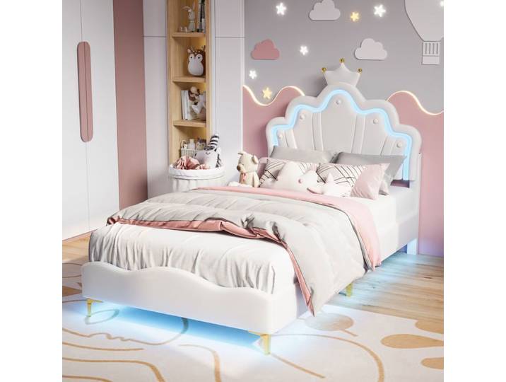Lit enfant - EIFSON - 90x200cm - Tête de lit couronne LED - Blanc - 1 place