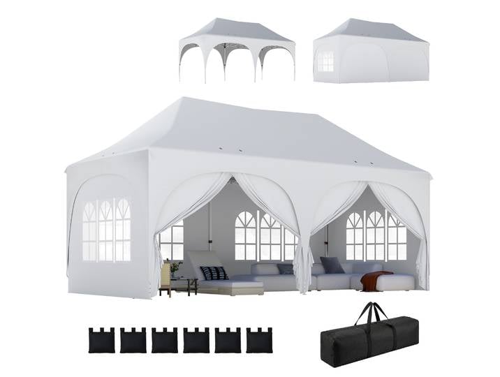 Tente pliante Outsunny 6x3 m, pop-up, avec 6 parois amovibles, gazebo de jardin à hauteur réglable, fenêtres, sac de rangement