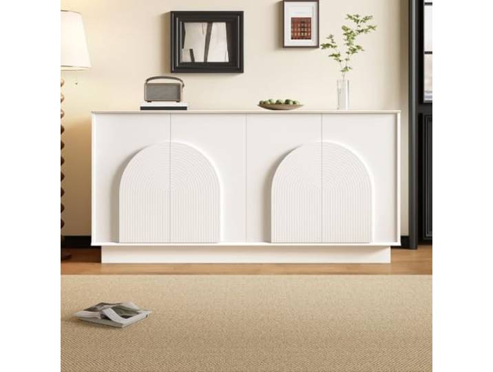 RAPRAP Moderner Weiss Sideboard mit Gewölbten Türpaneelen, 4 Türen, 160 cm Sideboard für Wohnzimmer, Esszimmer, Flur, MDF-Konstruktion mit matter Oberfläche,Weiß,F