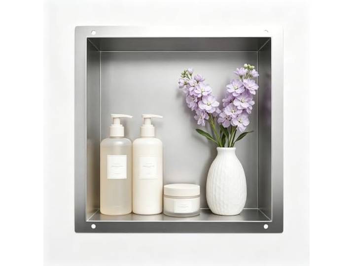 Bernkot Wandnische Dusche Edelstahl, wasserdichte Nische mit LED-Licht Eingebettete Duschnische 30x30x10cm, Einzelbett Duschnische, Eingebettete Lagerung im Duschraum, gebürstet