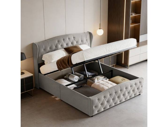 Lit coffre 140x190 SUNFECILI lit 140x190 avec sommier à lattes design rivet tissu en Velours Gris
