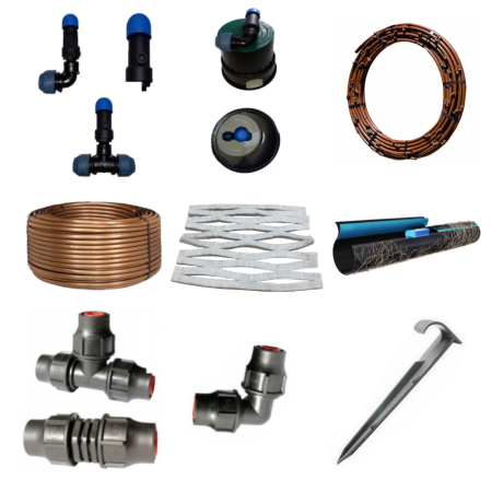 Unterirdische Bewässerung Komplett Set, Vließ, Tropfrohr, QF-Verteilerrohr, Entlüftungsventil, Erdspieße, Lock Verbinder (Unterirdische Bewässerung Komplett Set, Tropfrohr: PROFI Tropfrohr: 150 m / Unterirdische Bewässerung Komplett Set, Entlüftung: Entlüftungsventil 1" AG / Unterirdische Bewässerung Komplett Set, Erdspieße: 100x Erdspieß Schwarz) 3.206