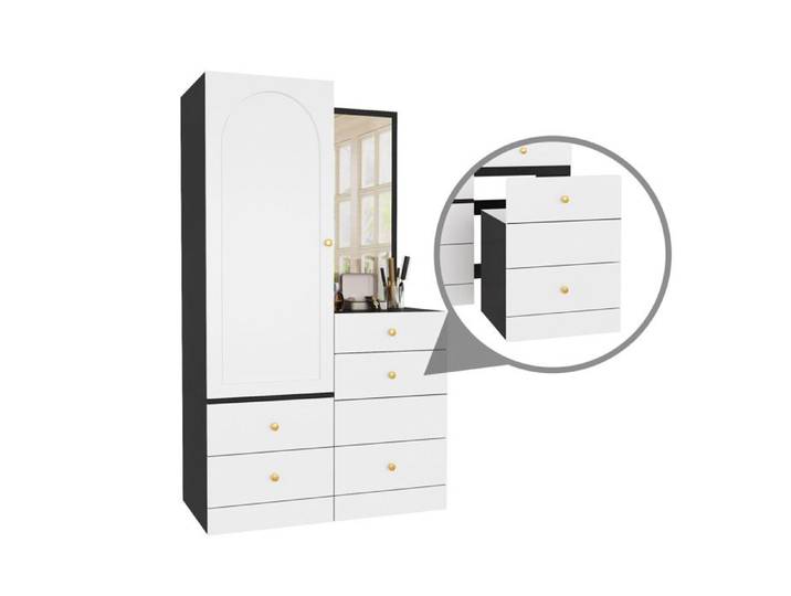 Coiffeuse multifonctionnelle avec miroir - Miroir pleine longueur intégré - Armoire avec porte arquée et tringle