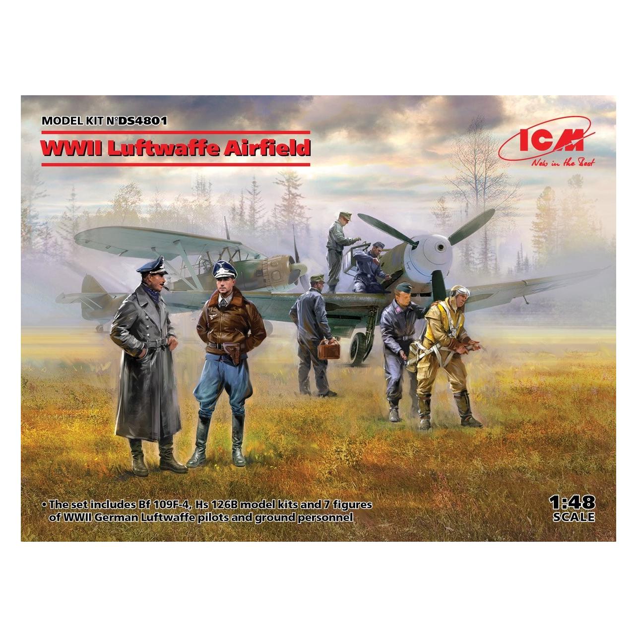 ICM WWII Luftwaffe Airfield(MesserschmittBf109F-4,Hs126B-1,Pilot,Ground Pers(7 fig (DS4801)