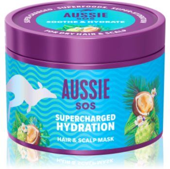 Aussie SOS Supercharged Hydration máscara calmante hidratante para cabelo e couro cabeludo 500 ml. SOS Supercharged Hydration