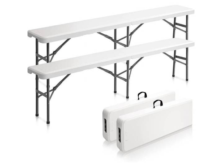 Lot 2 Bancs pliables en plastique Blanc 180cm pour Jardin Fêtes Camping Pique-nique