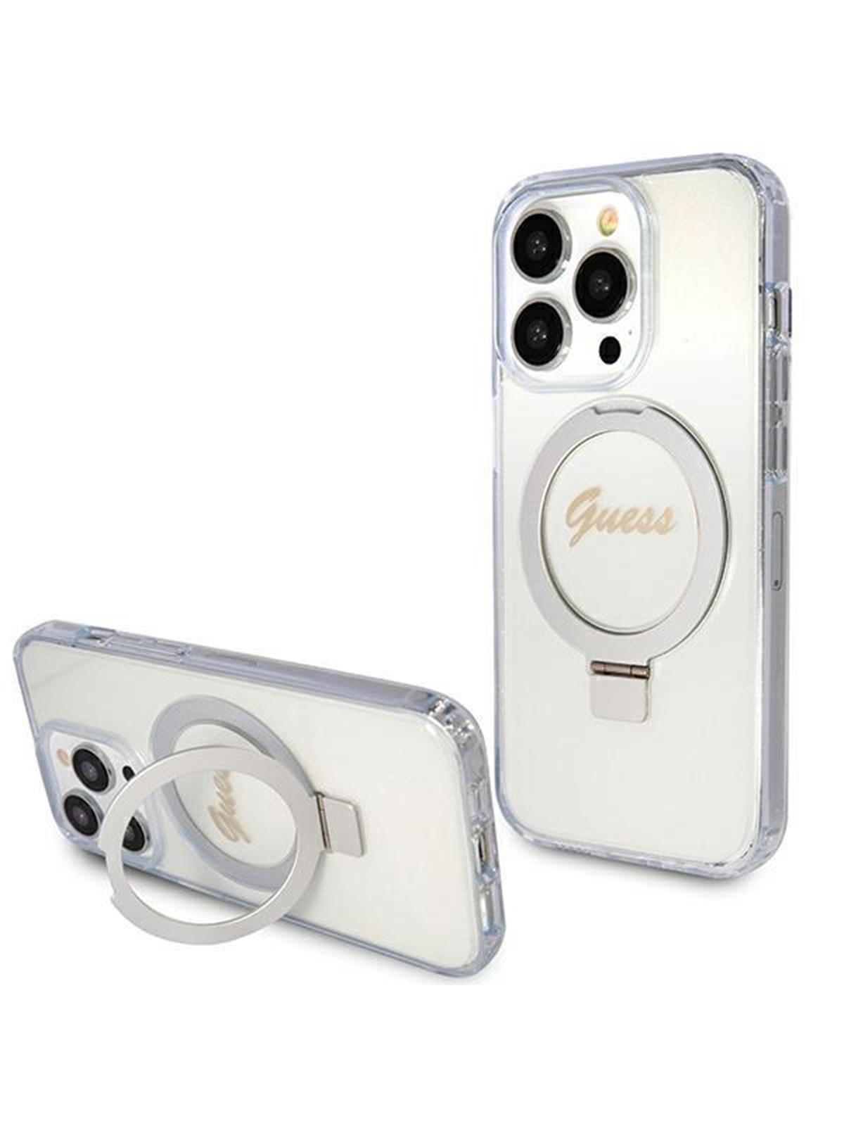 GUESS Ring Stand Script Glitter MagSafe case for iPhone 15 Pro - transparent