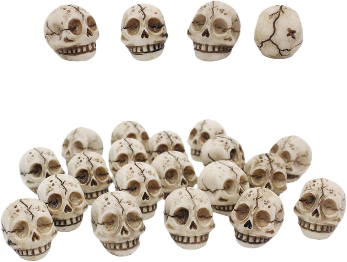 Set van 20 grijze mini schedel sculpturen voor tafeldecoratie