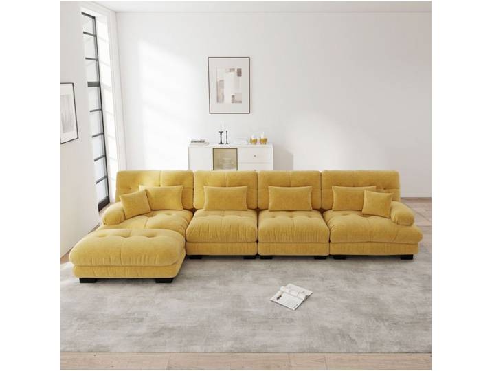 Canapé d'angle modulable 4 places en chenille jaune avec ottoman mobile pour salon