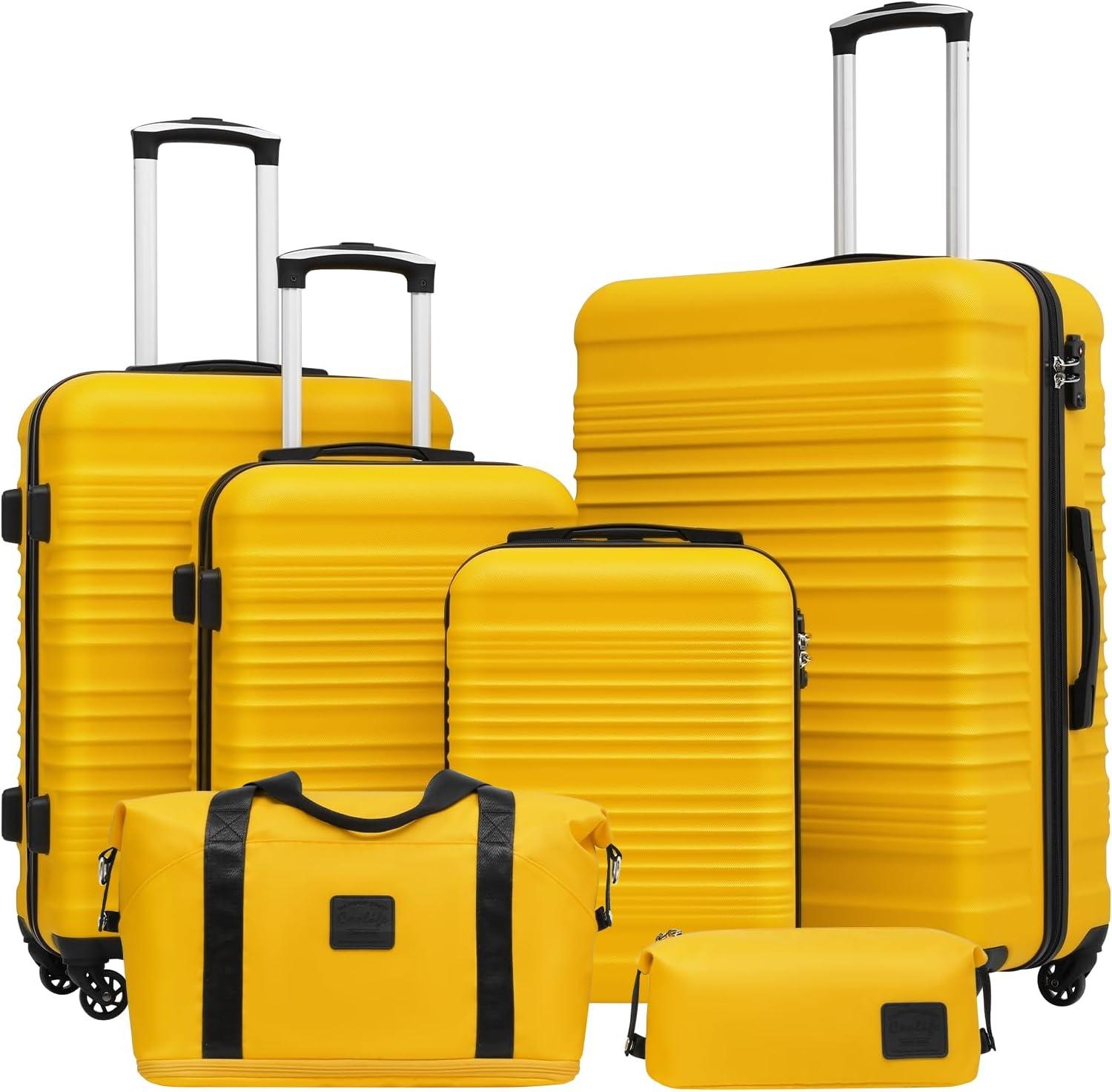 Koffer-Set, Trolley, Koffer, ABS, Hartschalenkoffer, Reisekoffer, 4 Rollen, TSA-Schloss, ausziehbarer Trolley, Der Koffer enthält eine Reisetasche und eine Toilettasche, Farbe: Gelb/Schwarz