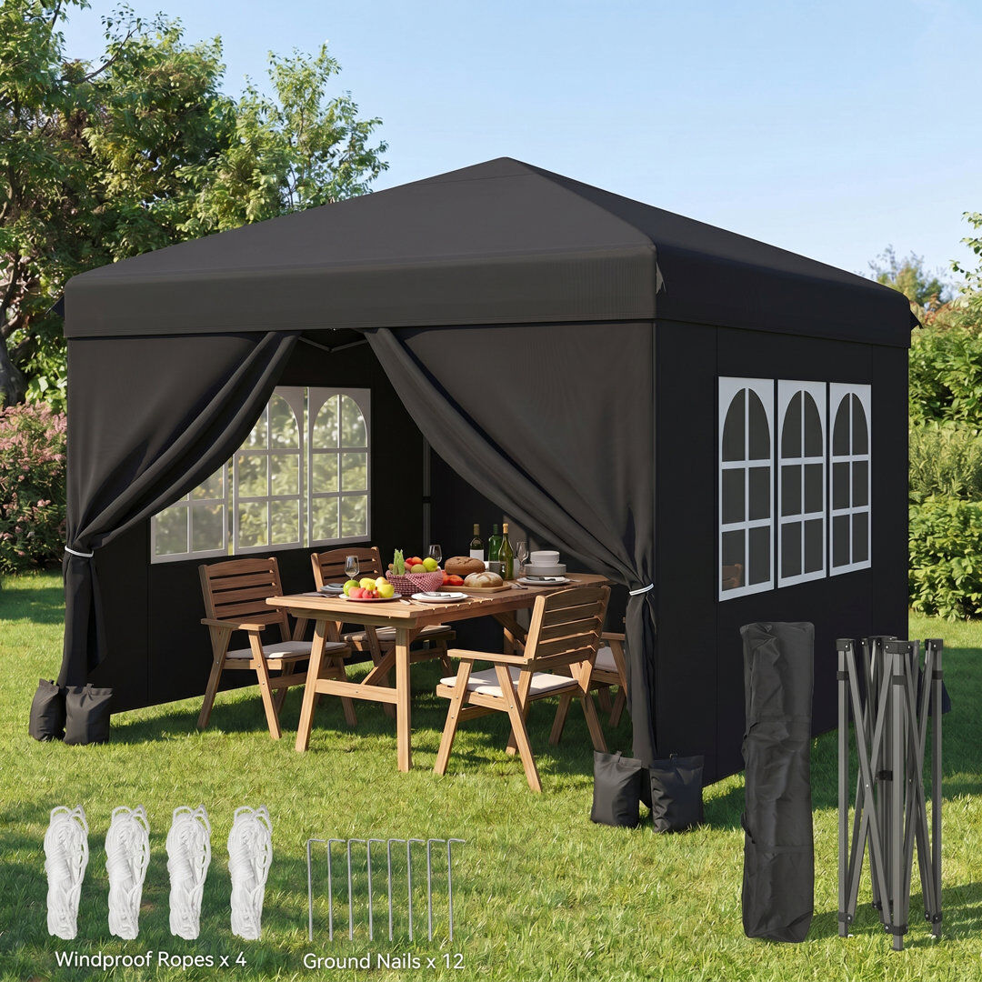 Balconera 3X3m Outdoor Pop Up Gazebo With Sides And Windows, Waterproof Folding Garden Canopy Black