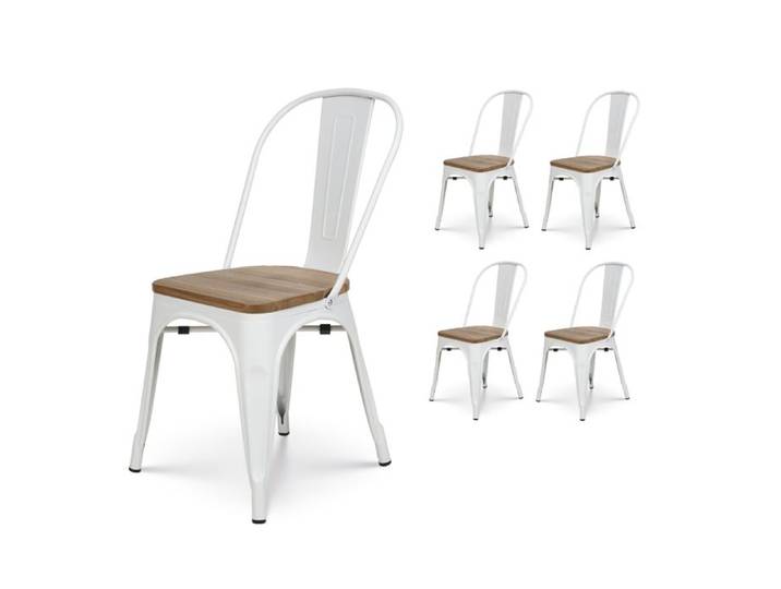 Chaises industrielles KOSMI - Lot de 4 - Métal blanc mat et assise en bois clair