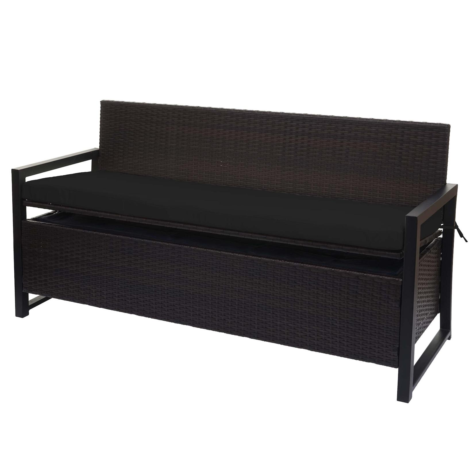 Poly-Rattan 3er Sitzbank MCW-F39, Gartenbank Truhenbank, Staufach Aufbewahrung 164cm ~ braun, Kissen schwarz