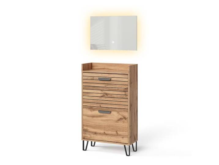 Vicco Garderobenset Amber , Eiche Wotan 2 Teile, mit LED-Spiegel und Ablagefläche zur Wandmontage