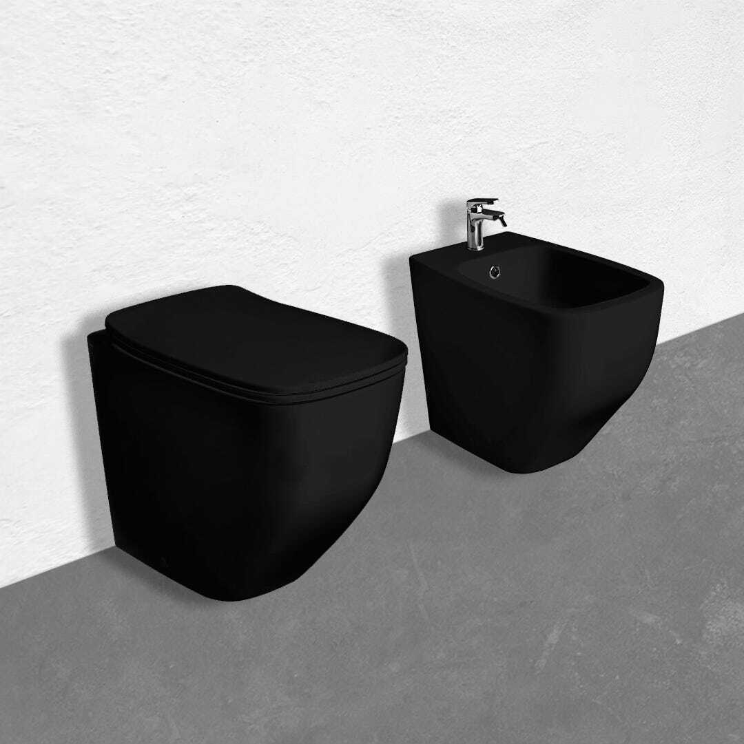 WC - Set (WC, Bidet und Toilettensitz mit Soft-Close-Funktion) matt schwarz | Mozart