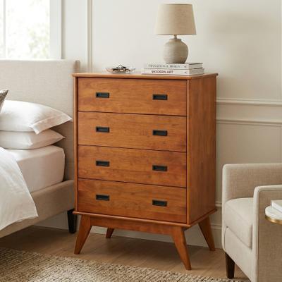 "WYNDENHALL Tierney 30 inch Wide Solid Wood Mid Century Modern 4 Drawer Dresser in Teak Brown - 18"" D x 29.75"" W x 43.3"" H"