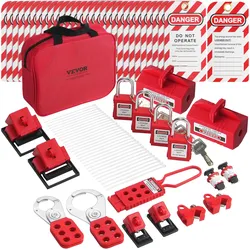 VEVOR Elektrisches Lockout-Tagout-Kit, 47-teiliges Sicherheits-Loto-Kit mit Vorhängeschlössern, Haspen, Etiketten, Nylonbändern, Steckerverriegelungen, Leistungsschalterverriegelungen und Tragetasche