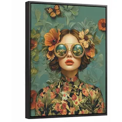 LEINWAND Bilder mit Rahmen - Frau - Blumen - Schmetterlinge - Natur - Vintage - 30x40
