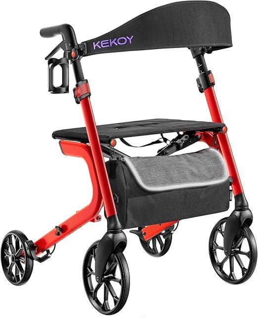 Rollator faltbar und leicht mit Sitz, 181 kg Traglast, auf allen Geländen. Aluminium höhenverstellbarer Outdoor Rollator für Senioren mit 44 cm Sitzkissen, Lehne, Stauraum & Becherhalter, Rot