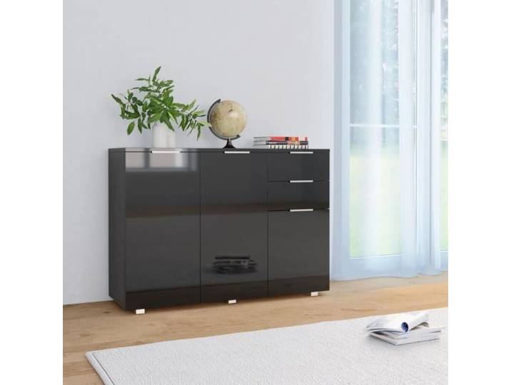 Buffet bas - Dex - Noir brillant - 2 tiroirs et 3 portes