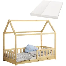 Juskys Kinderbett Marli 80 x 160 cm mit Matratze, Gitter, Lattenrost & Dach - Bett Natur
