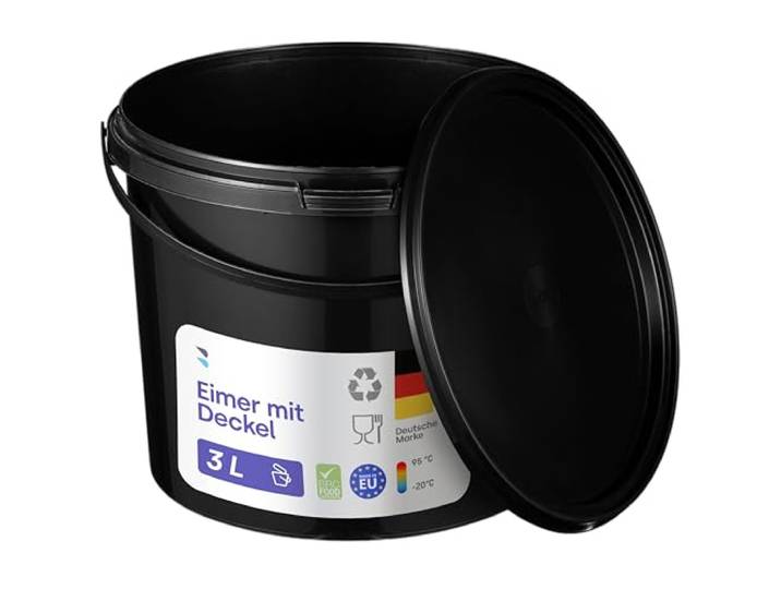 BenBow Eimer mit Deckel 3l schwarz 100x 3 Liter - lebensmittelecht, stabil, luftdicht, auslaufsicher, geruchsneutral - Aufbewahrungsbehälter aus Kunststoff, mit Henkel - leer