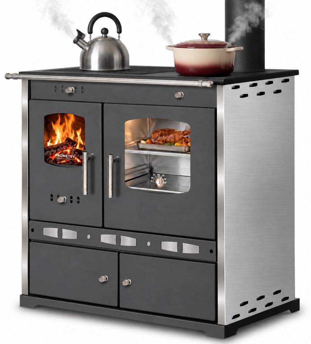 Küchenofen Holzherd ECO LUX INOX, Edelstahlbackfach - Edelstahlverkleidung, rechte Version