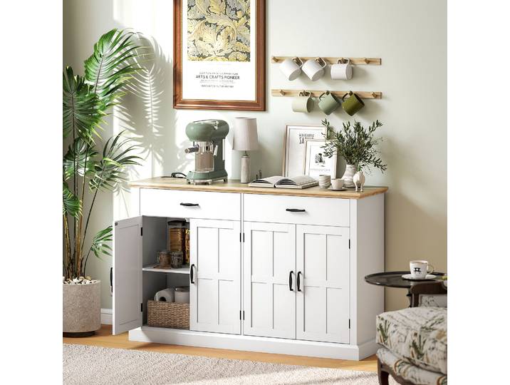HOMCOM Buffet TV Blanc USB, Portes Grange, Tiroirs, Étagères