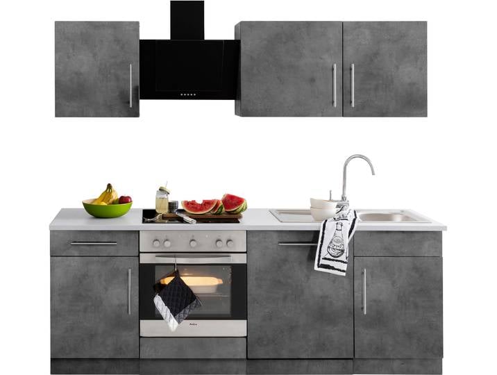 Küchenzeile, Holzwerkstoff, Grau & Betonfarben, 220×60 cm, Mit E-Geräten, Cali, WIHO KÜCHEN
