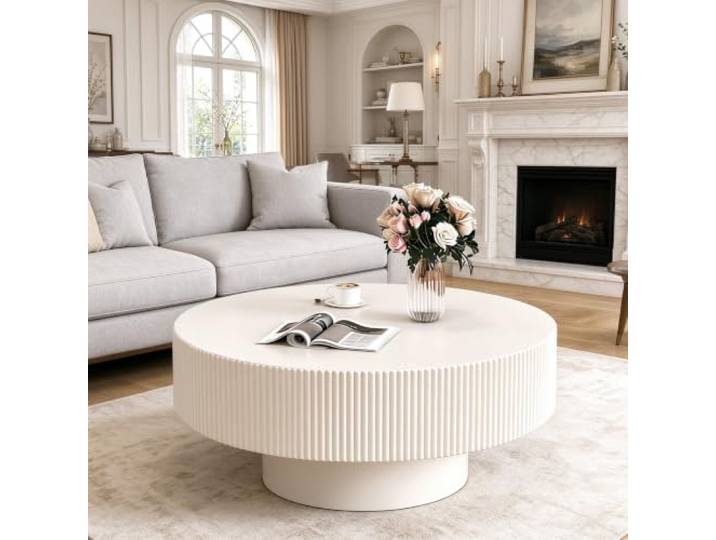 Runder Trommel-Couchtisch Moderner Couchtisch Bauernhaus Rustikaler MDF-Couchtisch, runder Sockel-Akzent-Teetisch für Wohnzimmer, Wohnung, Büro