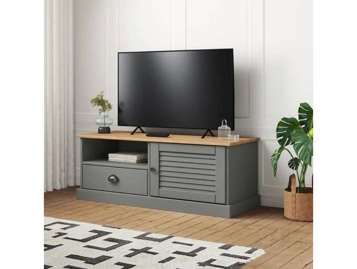 SALE 2026  Armoire TV moderne Gris - Meuble TV VIGO gris 106x40x40cm - bois massif de pin PRO746376023