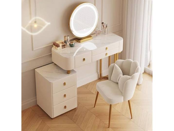 MiaJJooLi Möbel Schminktisch mit Schubladenkommode und Stuhl, Frisiertisch-Set für Make-up und Schmuck, Kosmetiktisch mit Verstellbarem Sideboard, Aufbewahrungssystem Schlafzimmer
