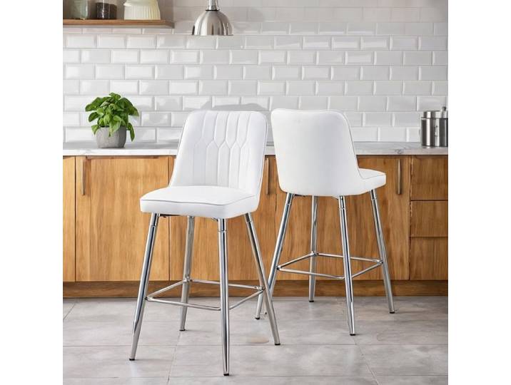 Lot de 2 tabourets de bar hauteur 100 cm structure métal argenté revêtement simili PU blanc design contemporain assise carrée
