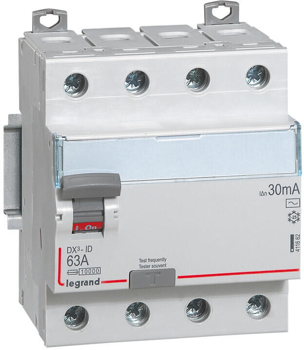 Interrupteur différentiel DX³-ID arrivée haute et départ bas à vis 4P 400 V type AC 4 modules 30 mA 63 A LEGRAND 411662