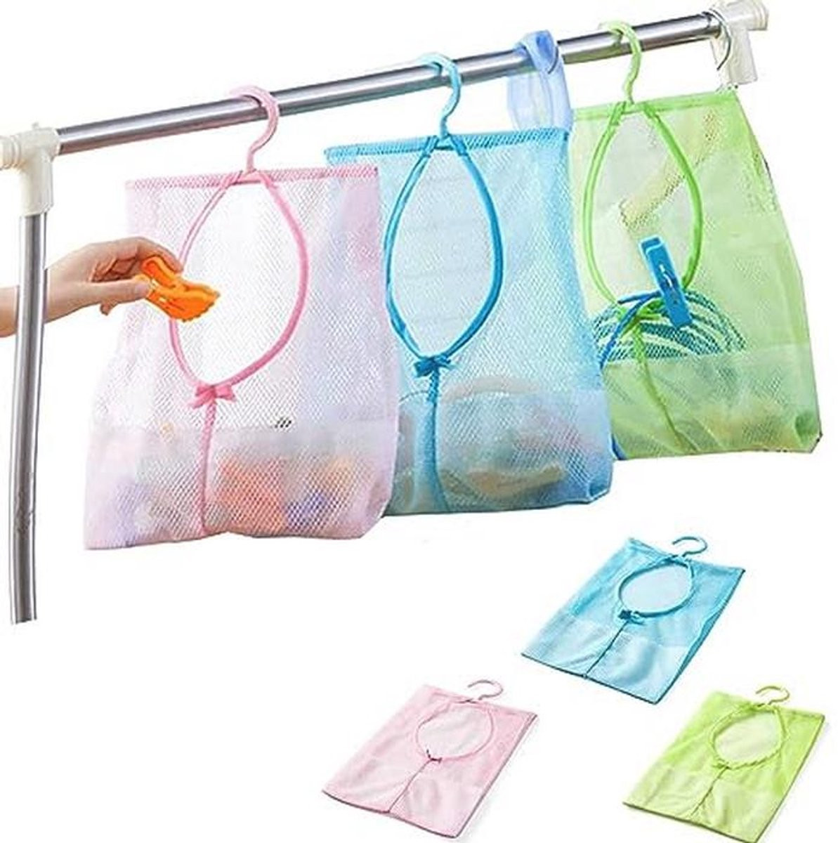 Set van 3 multifunctionele opbergtassen met handvatten voor badkamer, garderobe en wasmand - Blauw, Roze, Groen