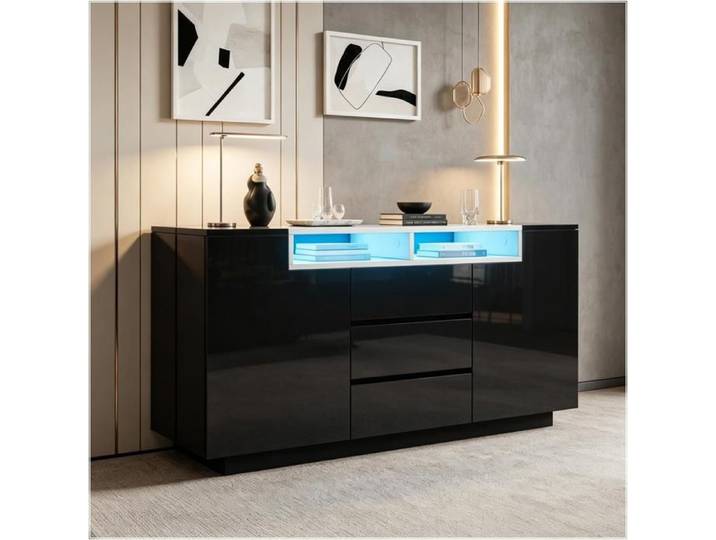 Piaenon - Buffet Brillant 140×40×68cm avec LED 2 Portes 3 Tiroirs 50kg Design Moderne Salon - Noir