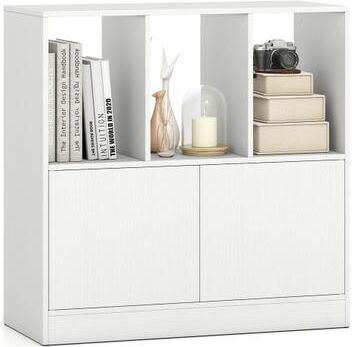 Costway 3-Cube Bookcase with Doors 3-Tier Cubic Bookshelf with Open Compartments and Cabinet-White