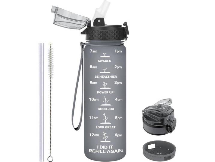 Trinkflasche 500 ml BPA-frei mit Strohhalm und Trageriemen Grau, Kunststoff, 6.5x23.5 cm, Geschirr, Kannen & Karaffen, Trinkflaschen