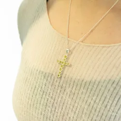 Indian Devotional Pendant - Silver Plated (45cm Chain)- Peridot Crucifix