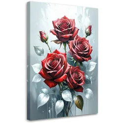 LEINWANDBILD, Rote Rosenblüten auf grauem Hintergrund
