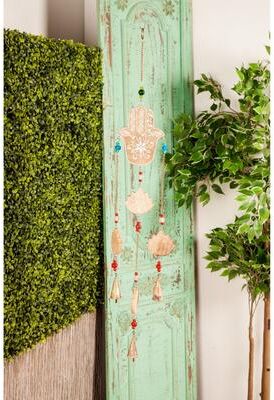 ARCILLA ELEMENTAL Brown Mango Wood Handmade 3 String Hamsa Buddha Indoor Outdoor Windchime with Glass Beads and Cone Bells - 5 x 1 x 32